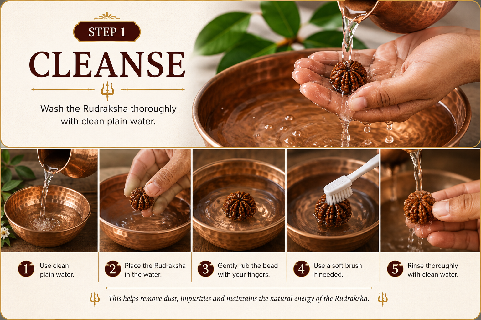 Step 1 cleanse Rudraksha with clean plain water