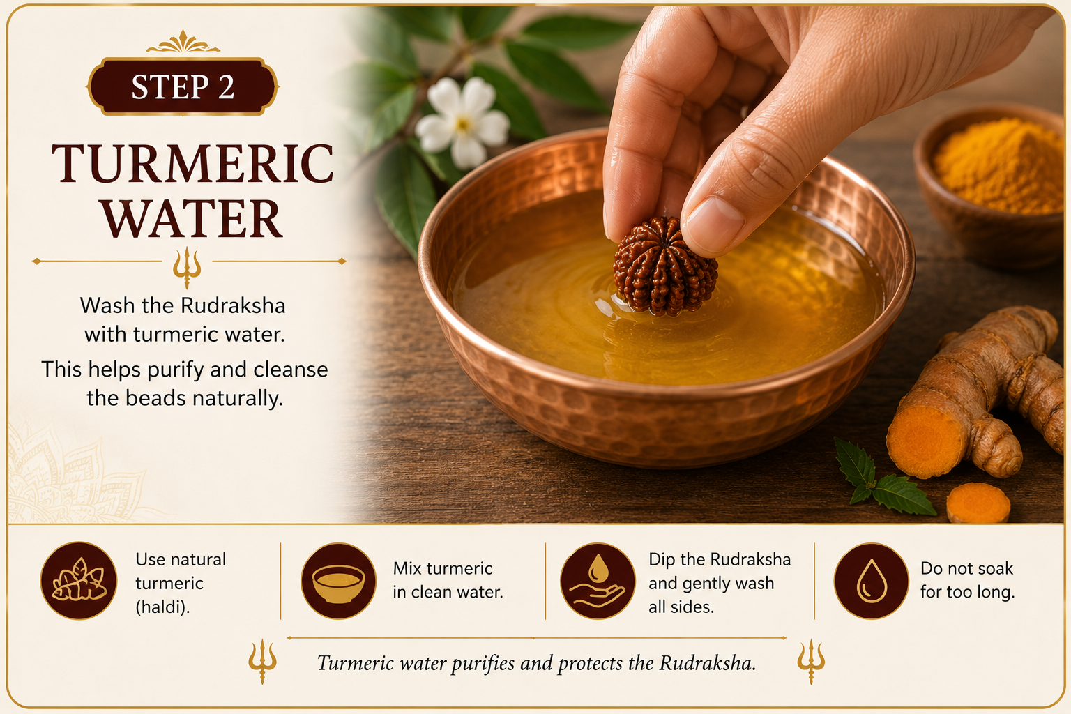 Step 2 wash Rudraksha with turmeric water