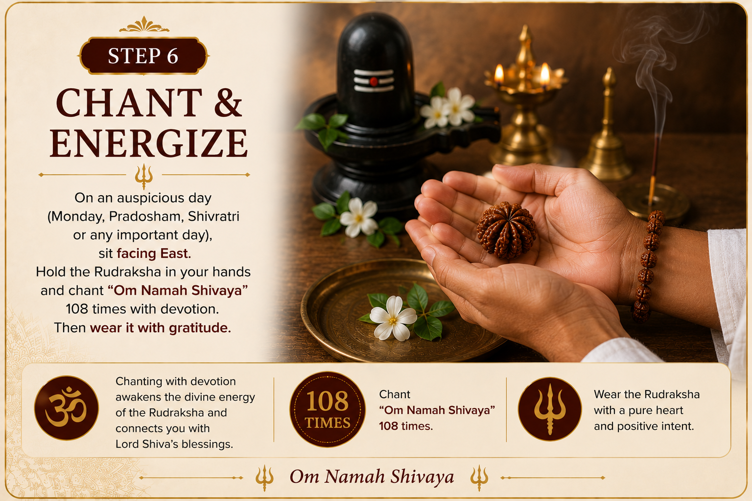 Step 6 chant Om Namah Shivaya and energize Rudraksha